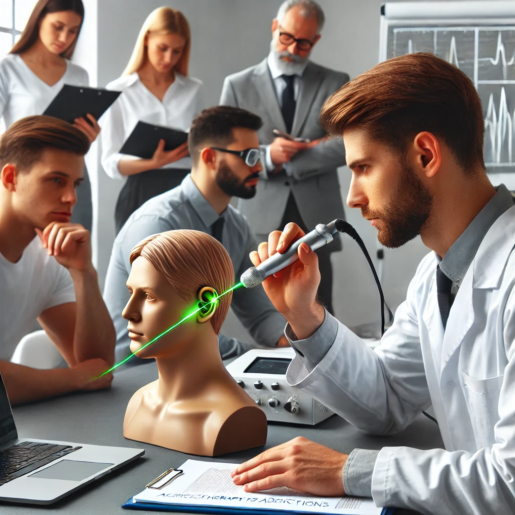 Stopper vos addictions dans nos cabinets physique GROUPE MC77 Image réaliste d'une session de formation professionnelle où un formateur montre l'utilisation de l'auriculothérapie laser sur un modèle. Les participants, attentifs, prennent des notes et observent la démonstration. L'environnement est moderne, bien éclairé, et équipé de technologies avancées pour les traitements au laser et l'hypnothérapie. L'atmosphère est professionnelle et axée sur l'apprentissage pratique.