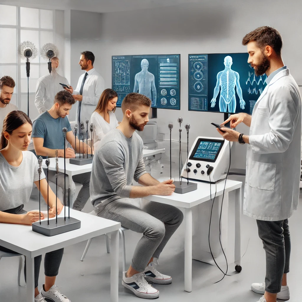 Stopper vos addictions dans nos cabinets physique GROUPE MC77 Image d'une salle de formation moderne avec des participants engagés dans des exercices pratiques d'auriculothérapie et d'hypnothérapie. Le formateur les guide activement dans un environnement professionnel, bien équipé et lumineux, axé sur l'application concrète des techniques apprises.