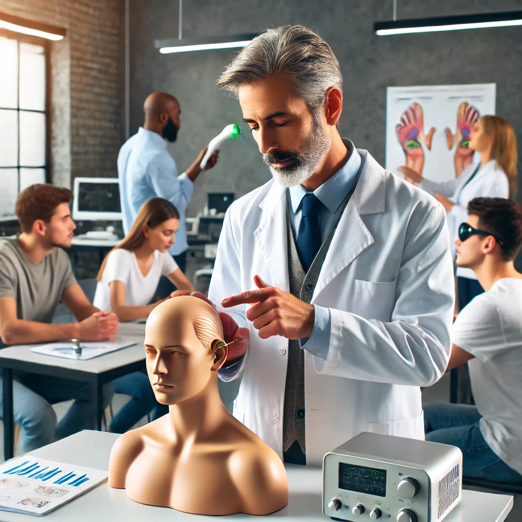 Stopper vos addictions dans nos cabinets physique GROUPE MC77 Image d'un centre de formation professionnel où un expert en laser thérapie montre des techniques d'auriculothérapie à des participants. Le formateur, pratiquant en cabinet, guide le groupe dans un environnement moderne et bien équipé. Le texte "Le seul centre de formation reconnu Qualiopi pour la méthode laser dédiée à l'arrêt des addictions" est visible en superposition.